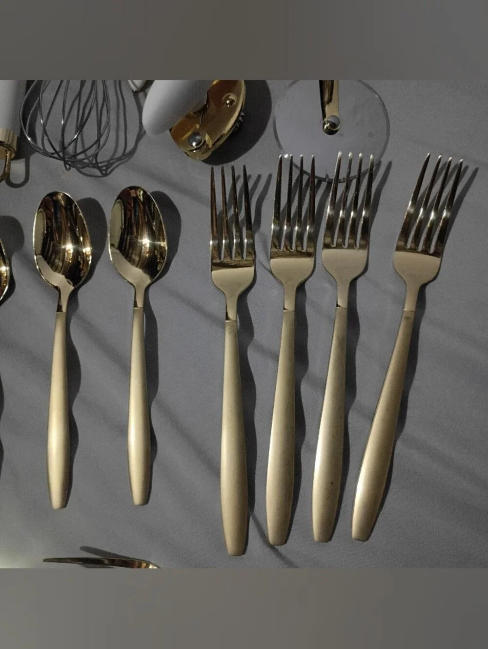 Gold Stainless Steel Flatware Set with White-Handled Kitchen Tools 27 Pieces